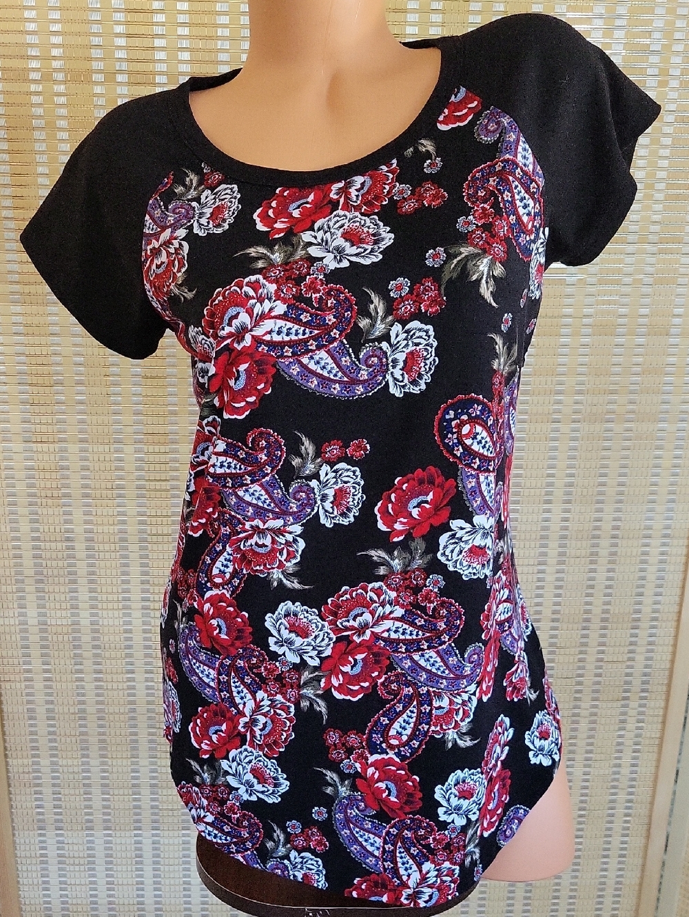 Just Be Black Short-Sleeve Top with Red and Purple Floral Paisley Print